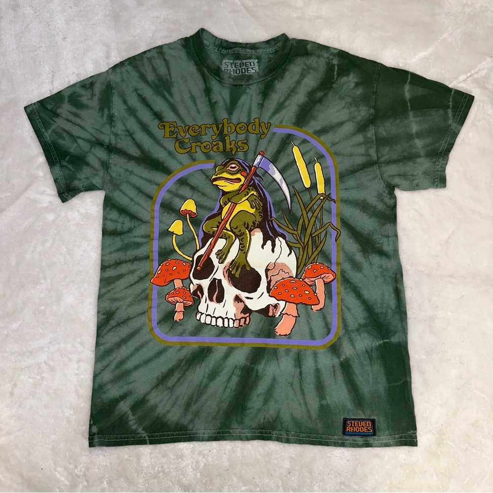 Steven Rhodes Green Tie-Dye "Everybody Croaks" Frog Skull T-Shirt Size Small - Picture 3 of 10